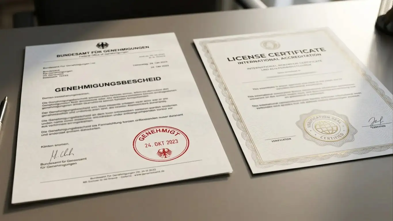Zwei Dokumente liegen nebeneinander auf einem Holztisch вЂ” links ein deutsches BehГ¶rdenschreiben mit Stempel, rechts ein internationales Lizenzdokument mit neutralem Siegel