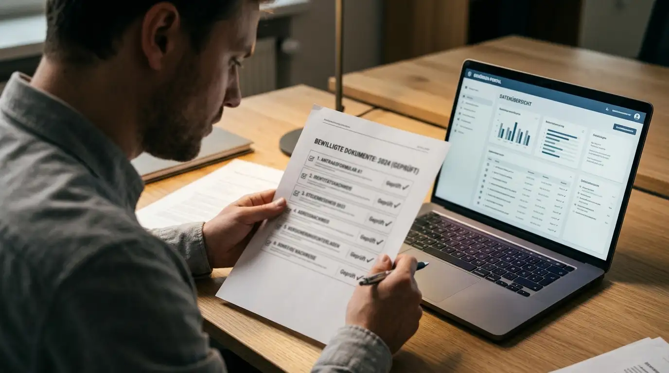 Person am Schreibtisch mit aufgeschlagenem BehГ¶rdendokument und Laptop, warmes BГјrolicht, keine erkennbaren Logos