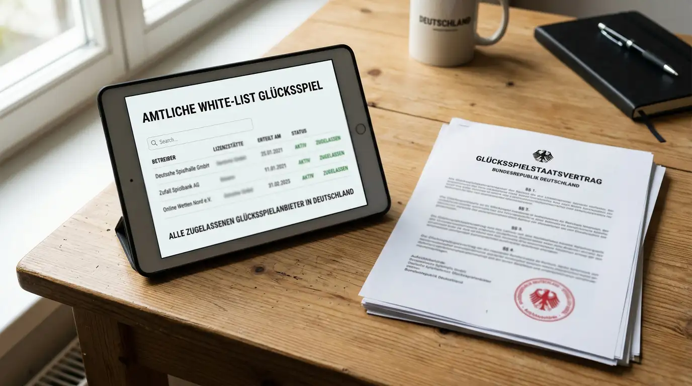 GGL-Whitelist auf Tablet-Bildschirm neben gedrucktem Glücksspielstaatsvertrag