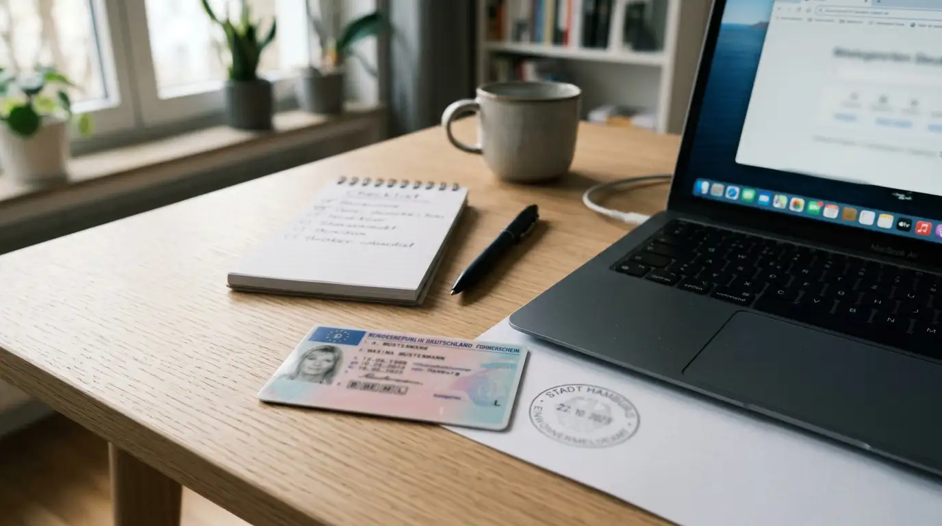 Deutsches Lizenzdokument mit Siegel und Checkliste neben Laptop — formale Whitelist-Prüfung