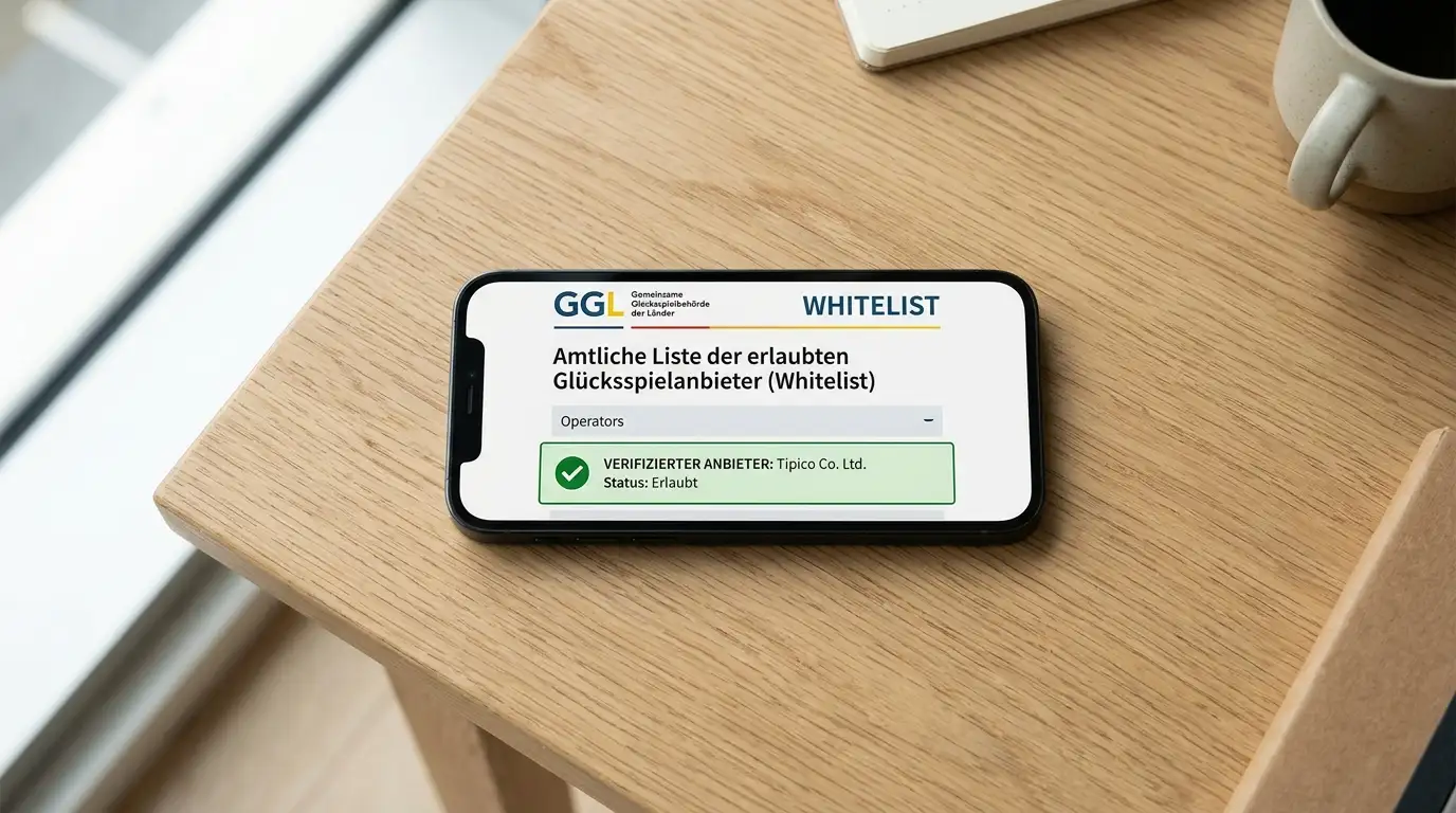 Smartphone mit geöffneter GGL-Whitelist und grünem Häkchen neben verifiziertem Anbieter