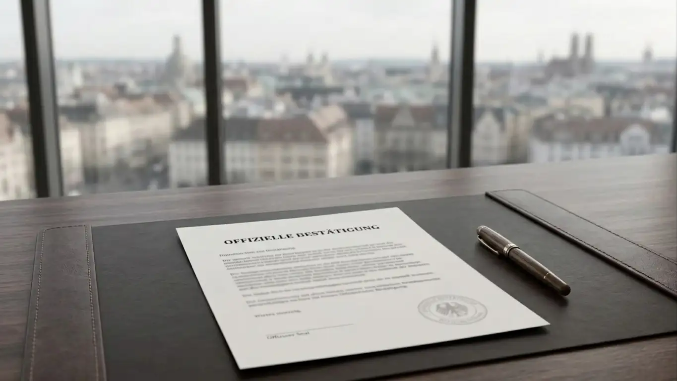 Offizielles Dokument mit Glücksspiellizenz-Siegel auf einem Schreibtisch neben einem deutschen Stadtbild-Foto