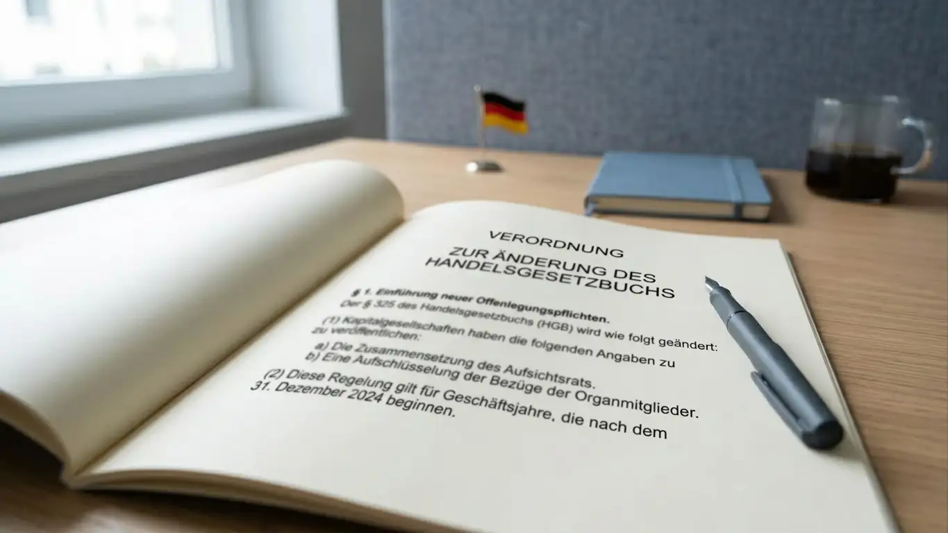 Ruhiges Büro mit offenem Gesetzestext und deutscher Flagge im Hintergrund