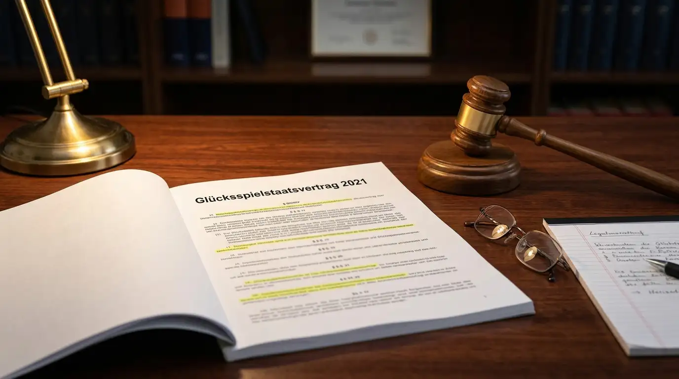 Glücksspielstaatsvertrag 2021 Dokument mit Paragrafenmarkierungen und Gavel
