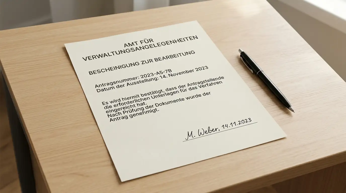 Offizielles Dokument mit neutralem behördlichen Stempel auf einem Schreibtisch, Stift daneben, Tageslicht von rechts, kein Logo erkennbar, sachlicher Verwaltungskontext