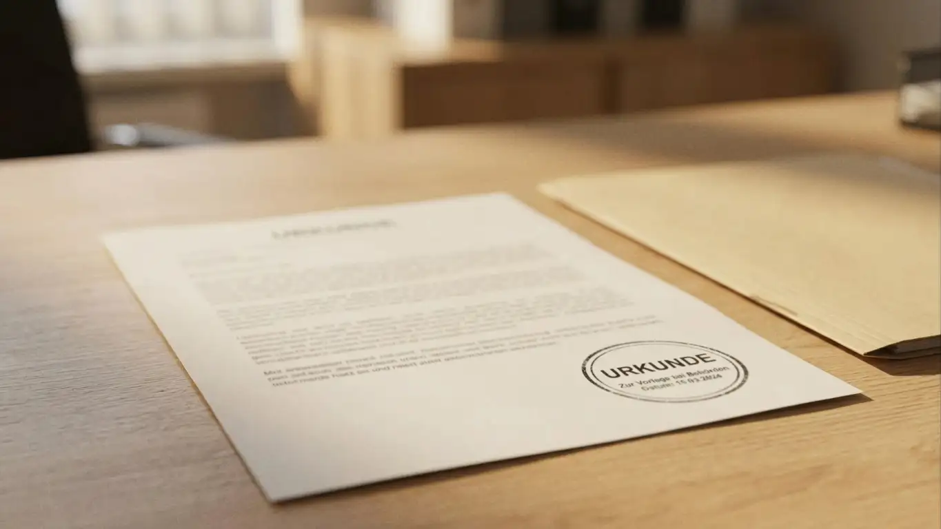 Neutrales Lizenzdokument mit Stempel und Aktenmappe auf hellem Tisch
