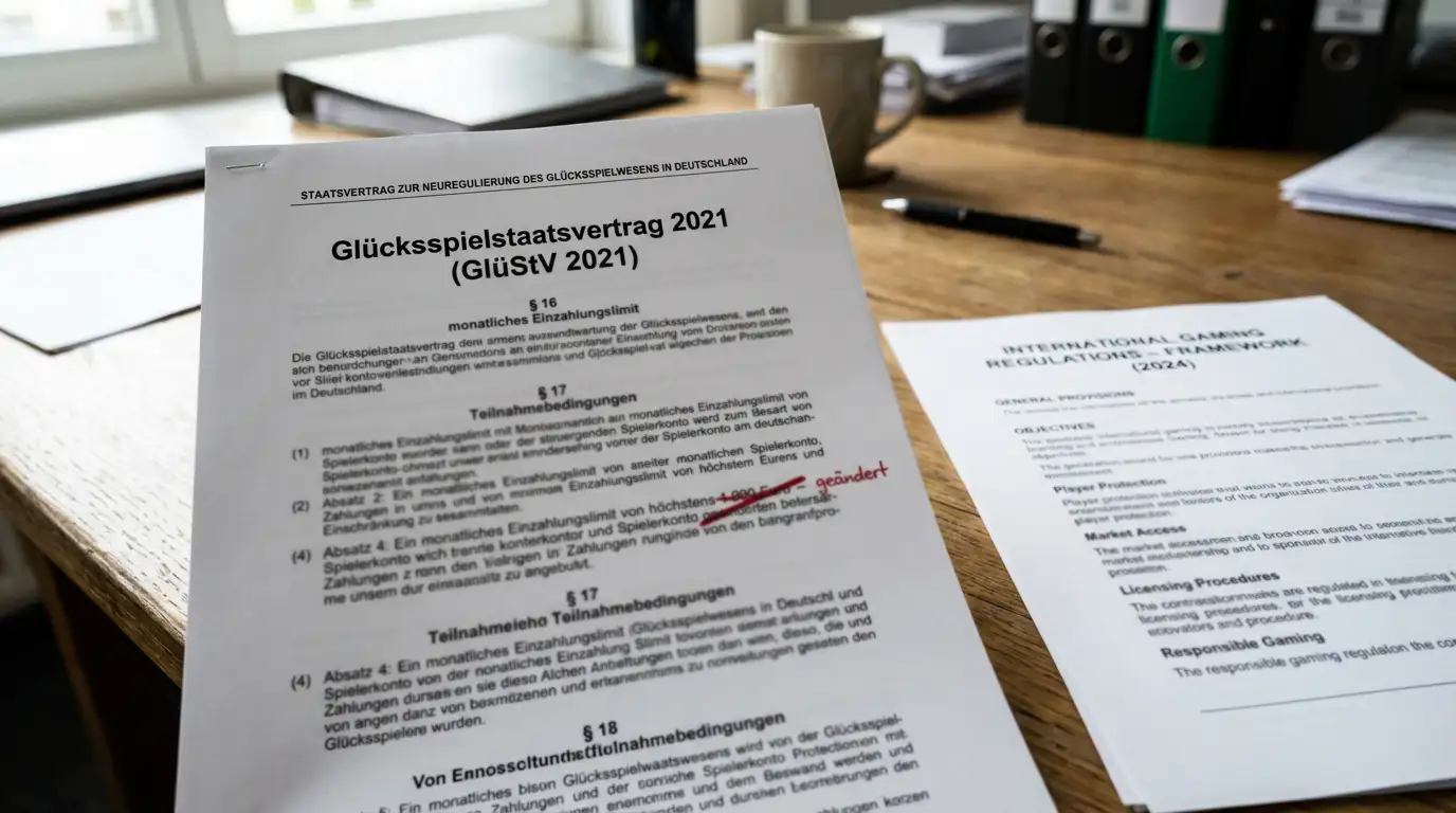 Dokument mit GlüStV 2021 Paragraphen und durchgestrichener €1.000-Grenze