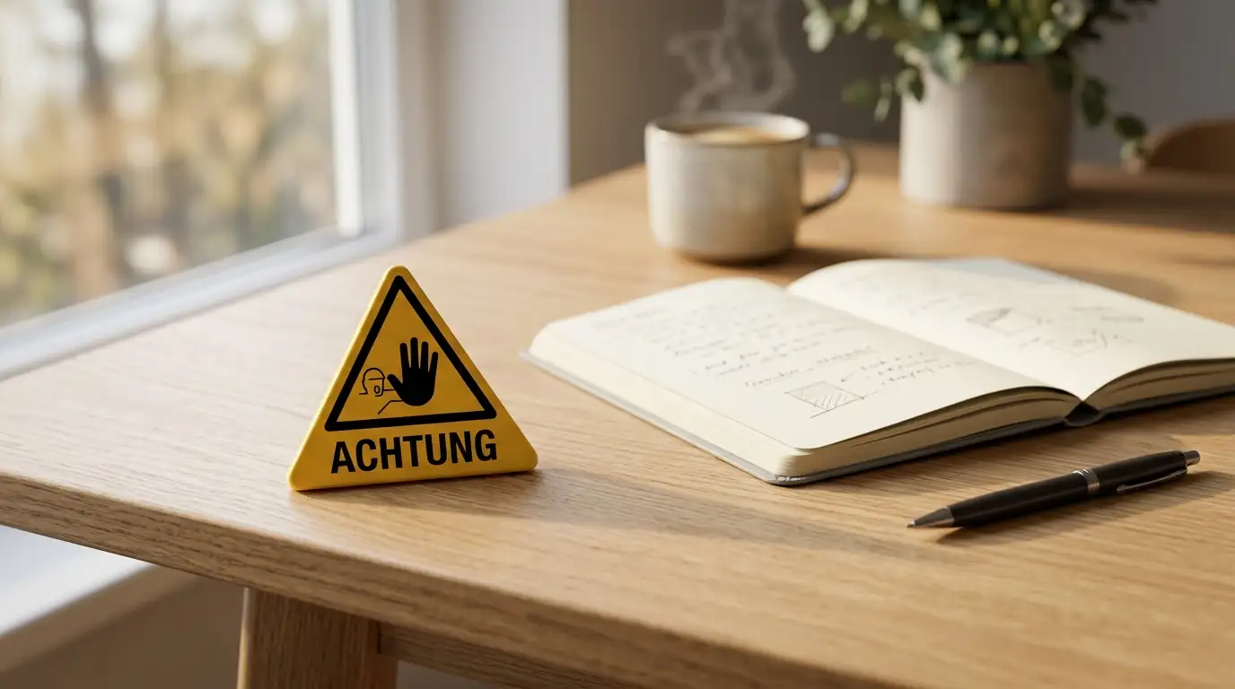 Warndreieck auf sauberem Schreibtisch mit verschwommenem Notizbuch im Hintergrund