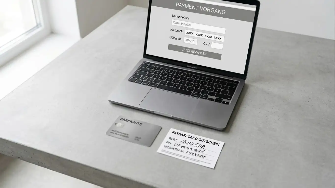 Tisch mit Smartphone, Bankkarte, paysafecard-Voucher und Laptop als Alternativen