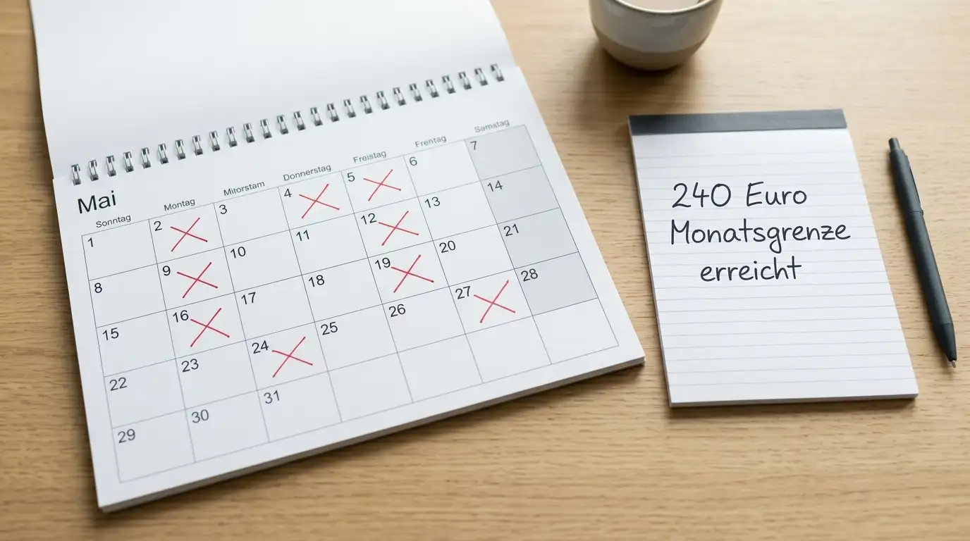 Kalender mit acht Tagen markiert und Notiz 240 Euro Monatsgrenze erreicht