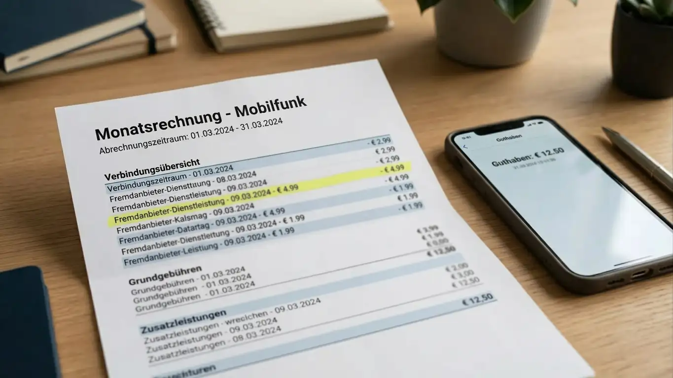 Mobilfunkrechnung mit Drittanbieter-Dienst und Casino-Einzahlung als Einzelposten