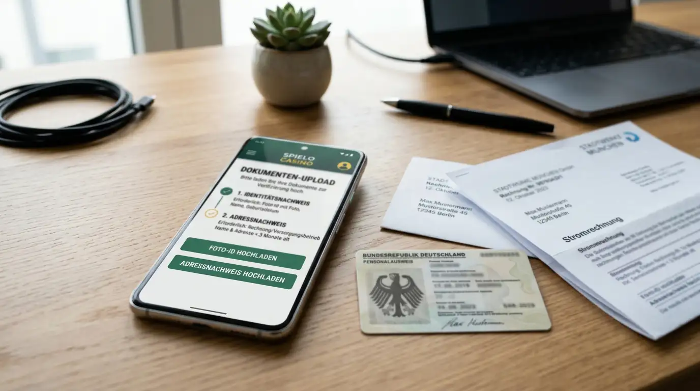 Smartphone mit Casino-App und Dokumenten-Upload für KYC-Verifizierung