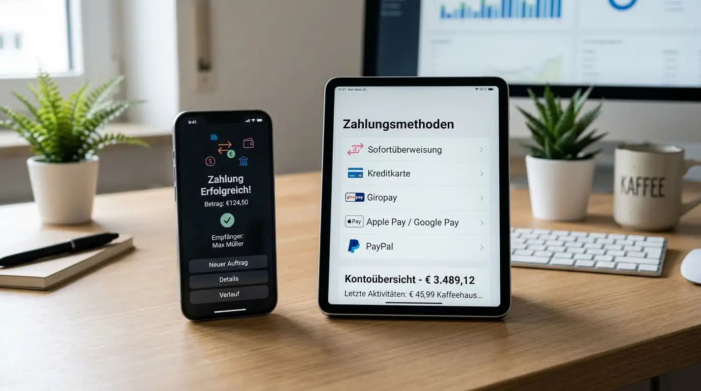 Smartphone und Tablet auf Schreibtisch zeigen verschiedene Banking-App-Oberflächen