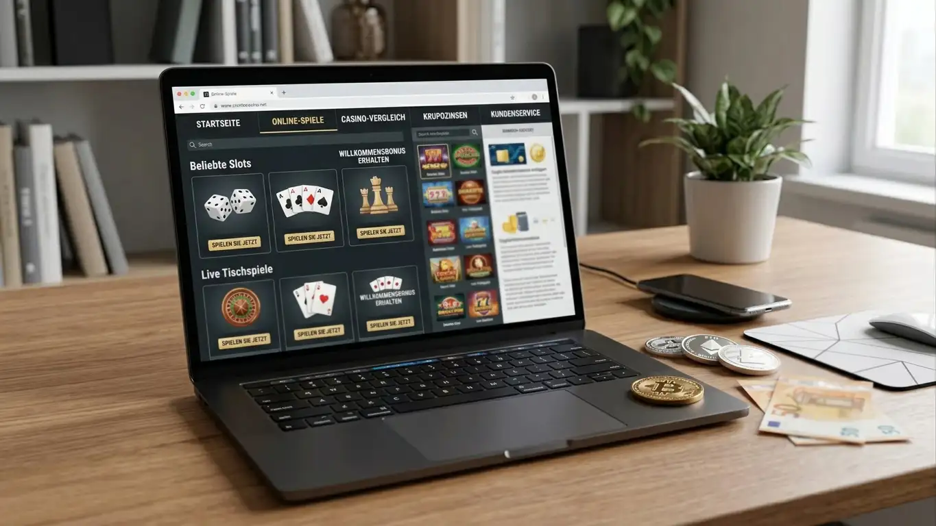 Laptop mit mehreren geöffneten Casino-Tabs und symbolischen Krypto-Münzen und Euro-Schein daneben auf Schreibtisch