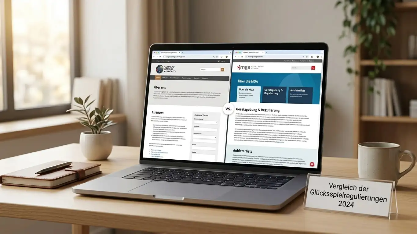 Laptop mit geöffneten Casino-Vergleichsseiten und internationalen Lizenzinformationen