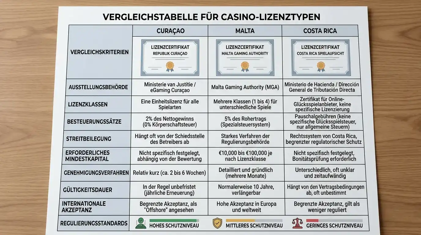 Vergleichstabelle verschiedener Casino-Lizenzen aus Curacao, Malta und Costa Rica