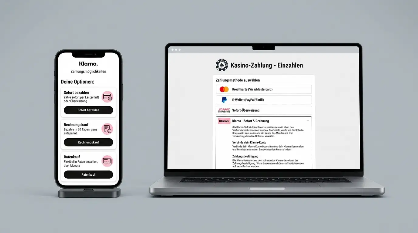 Smartphone-Display zeigt Klarna-App mit verschiedenen Zahlungsoptionen, daneben Laptop mit Casino-Website