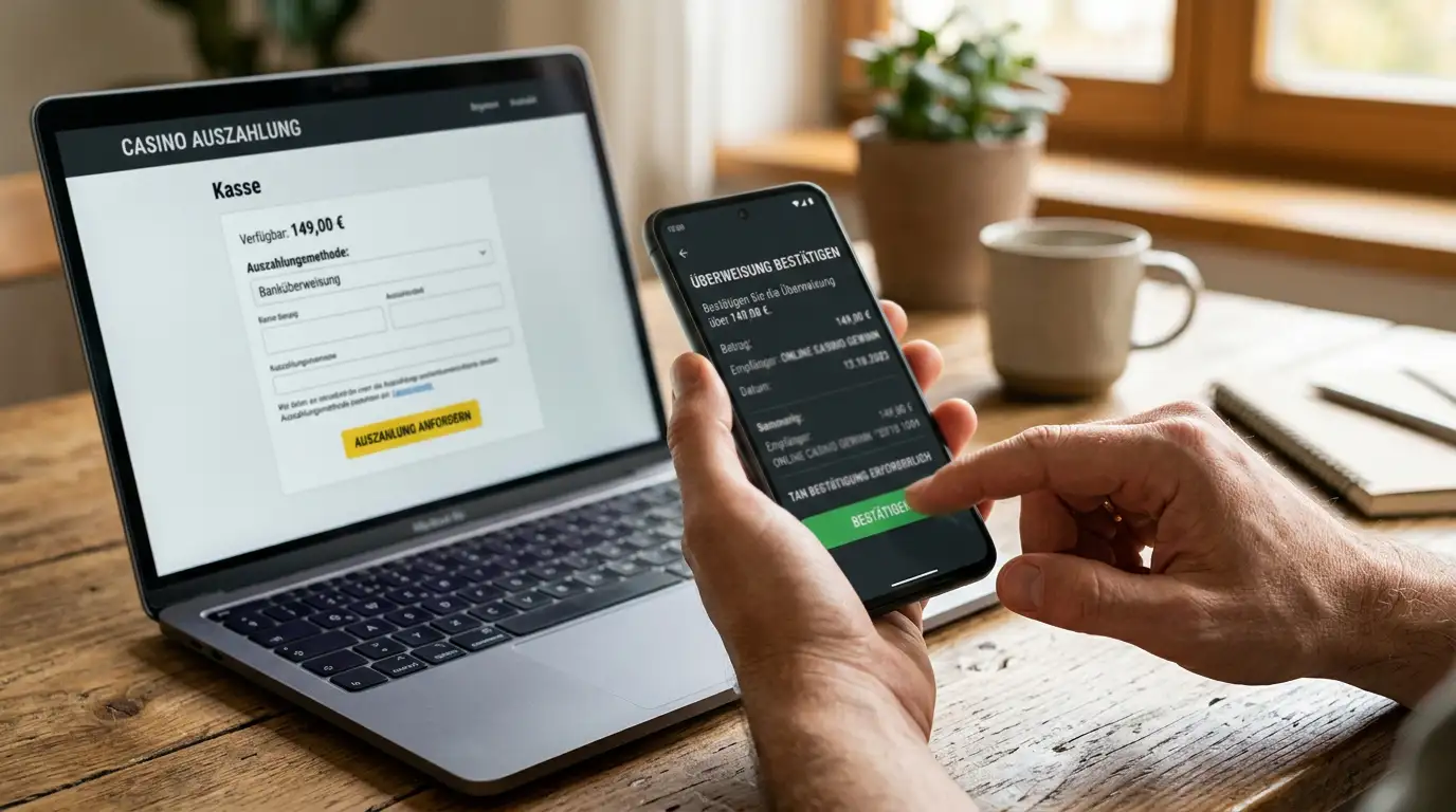 Mobiltelefon und Rechner mit neutraler Bankfreigabe für eine Online-Einzahlung