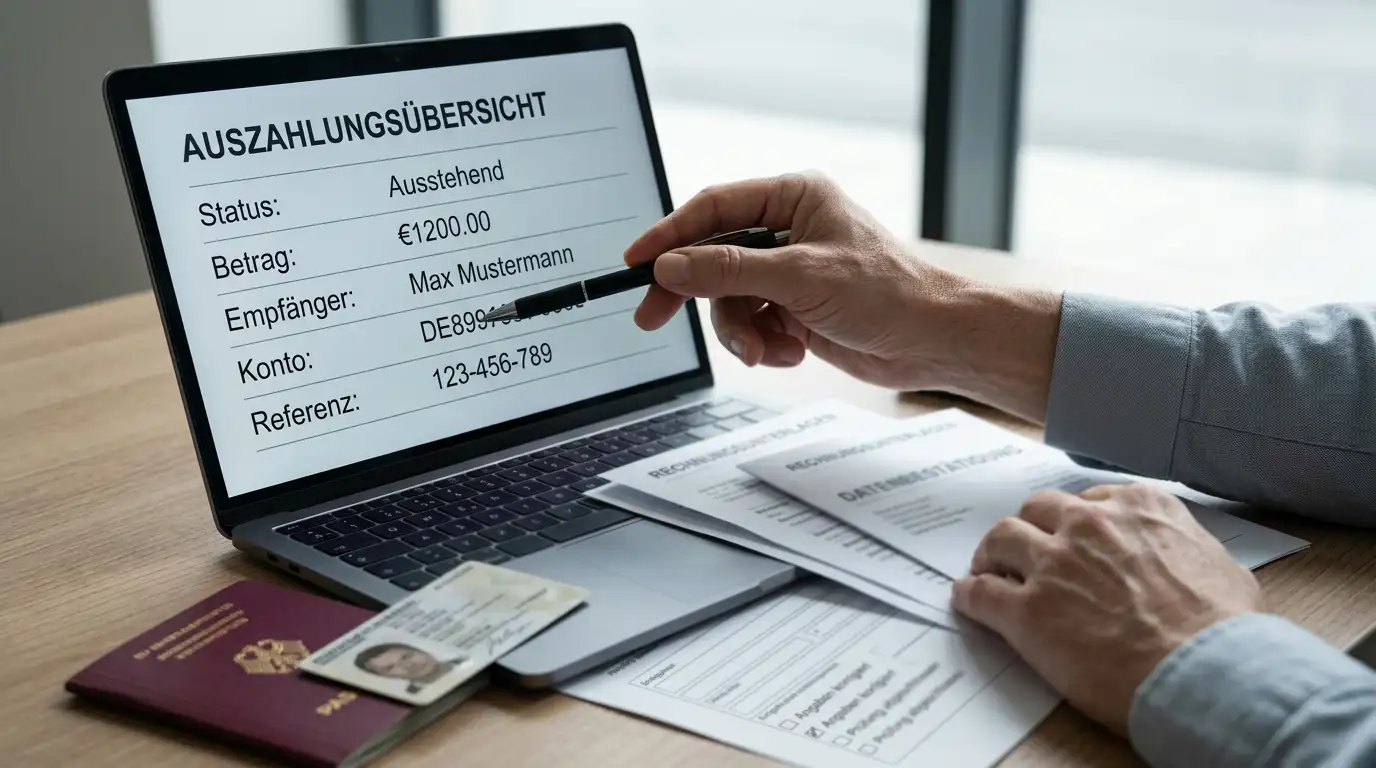 Neutrale Auszahlungskontrolle mit Laptop und geordneten Zahlungsunterlagen