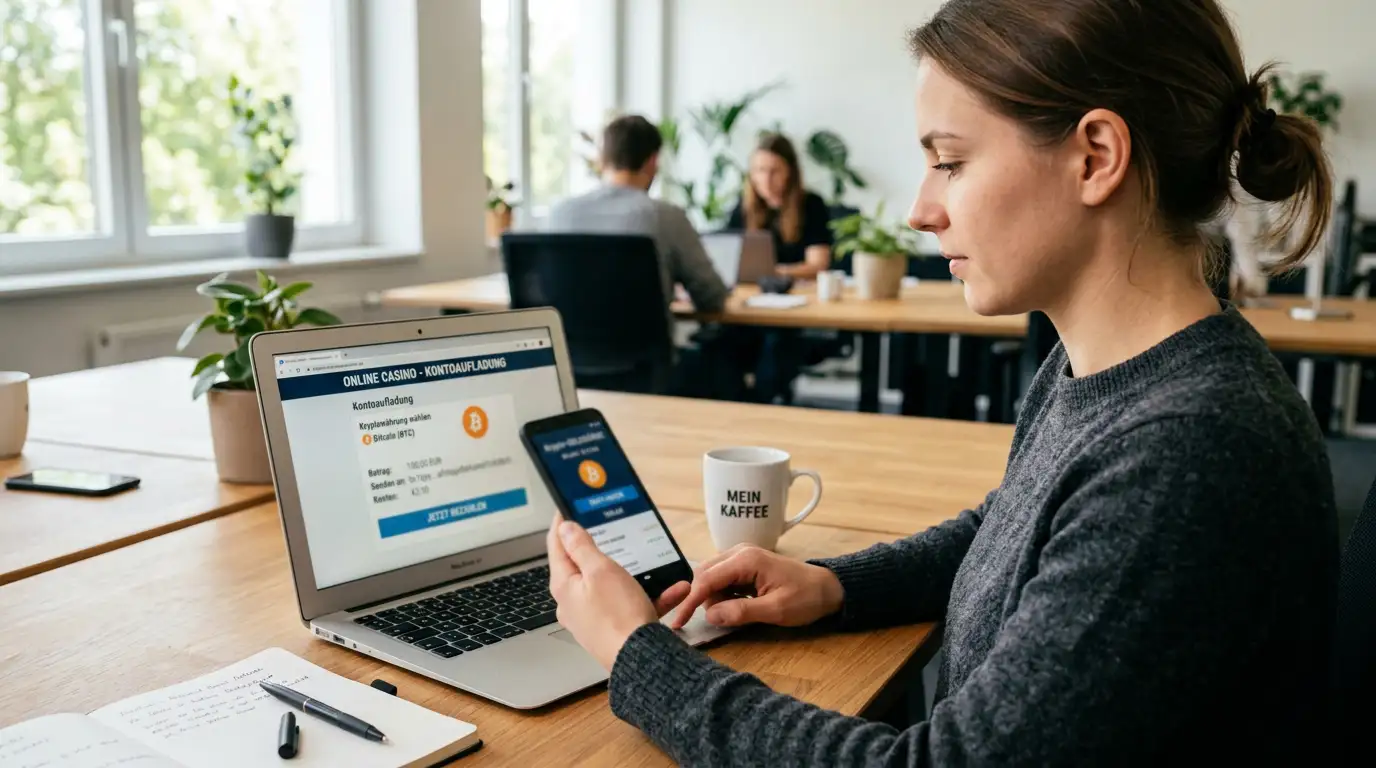 Person mit Smartphone und Bitcoin-Wallet vor Laptop mit Casino-Interface