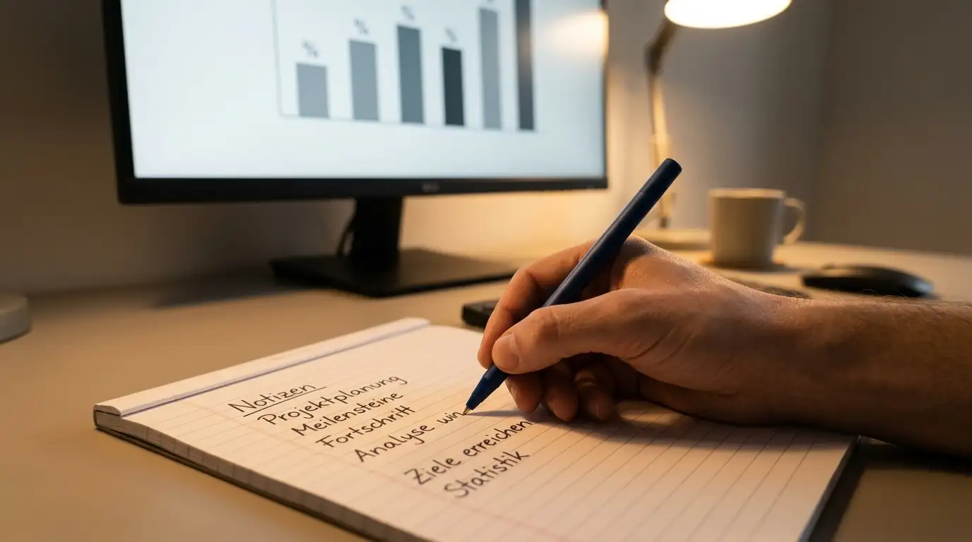 Hand mit Notizen über Bonusbedingungen vor einem Bildschirm mit neutraler Prozentgrafik