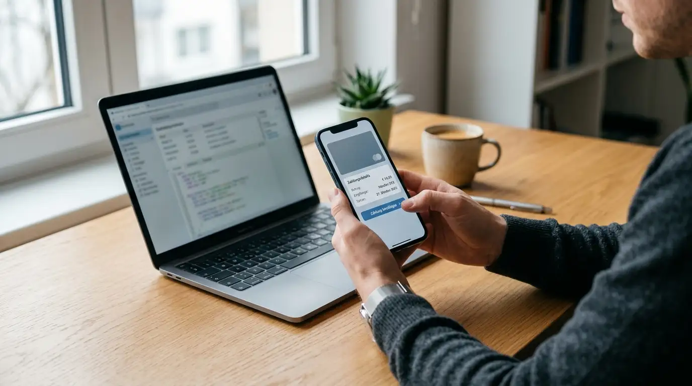 Person bestätigt eine Wallet-Transaktion am Smartphone neben einem aufgeklappten Laptop