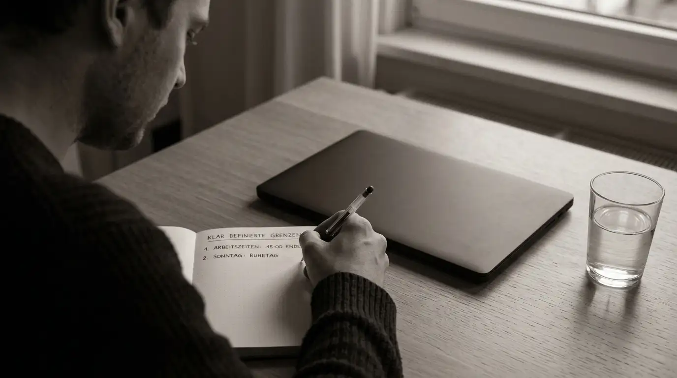 Person setzt handschriftliche Grenzen und Limits neben einem Laptop fest