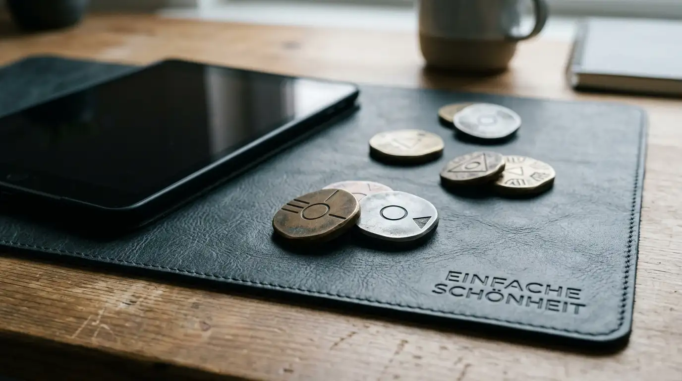 Verschiedene Münzsymbole liegen auf einer Schreibtischunterlage neben einem ausgeschalteten Tablet