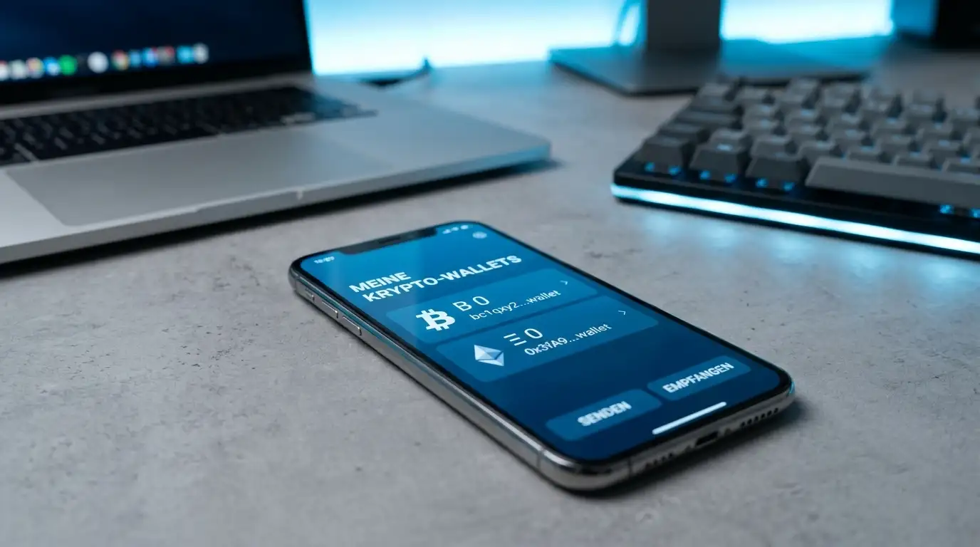 Smartphone mit Krypto-Wallet-Oberfläche und Bitcoin-Symbolen