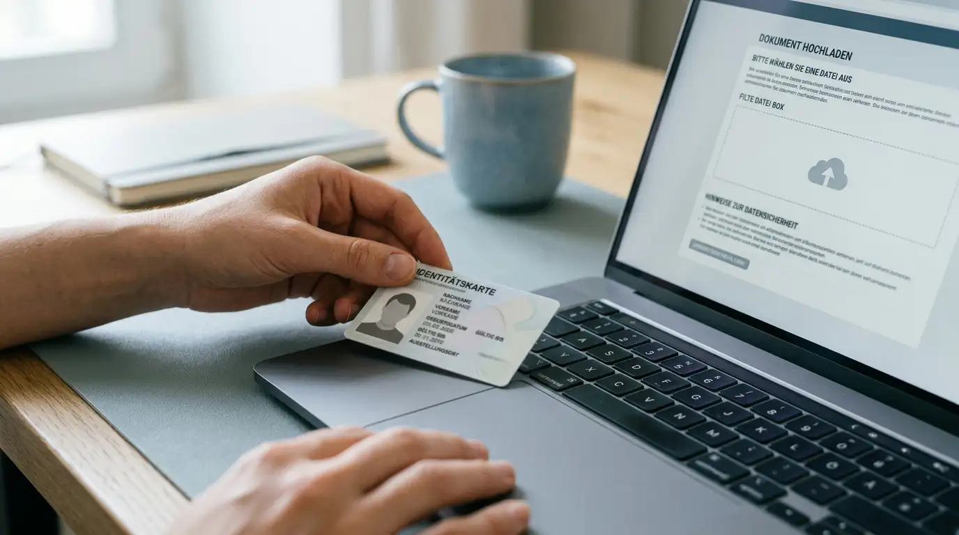 Ausweisdokument und Laptop für die KYC-Verifizierung beim Bonus ohne Einzahlung