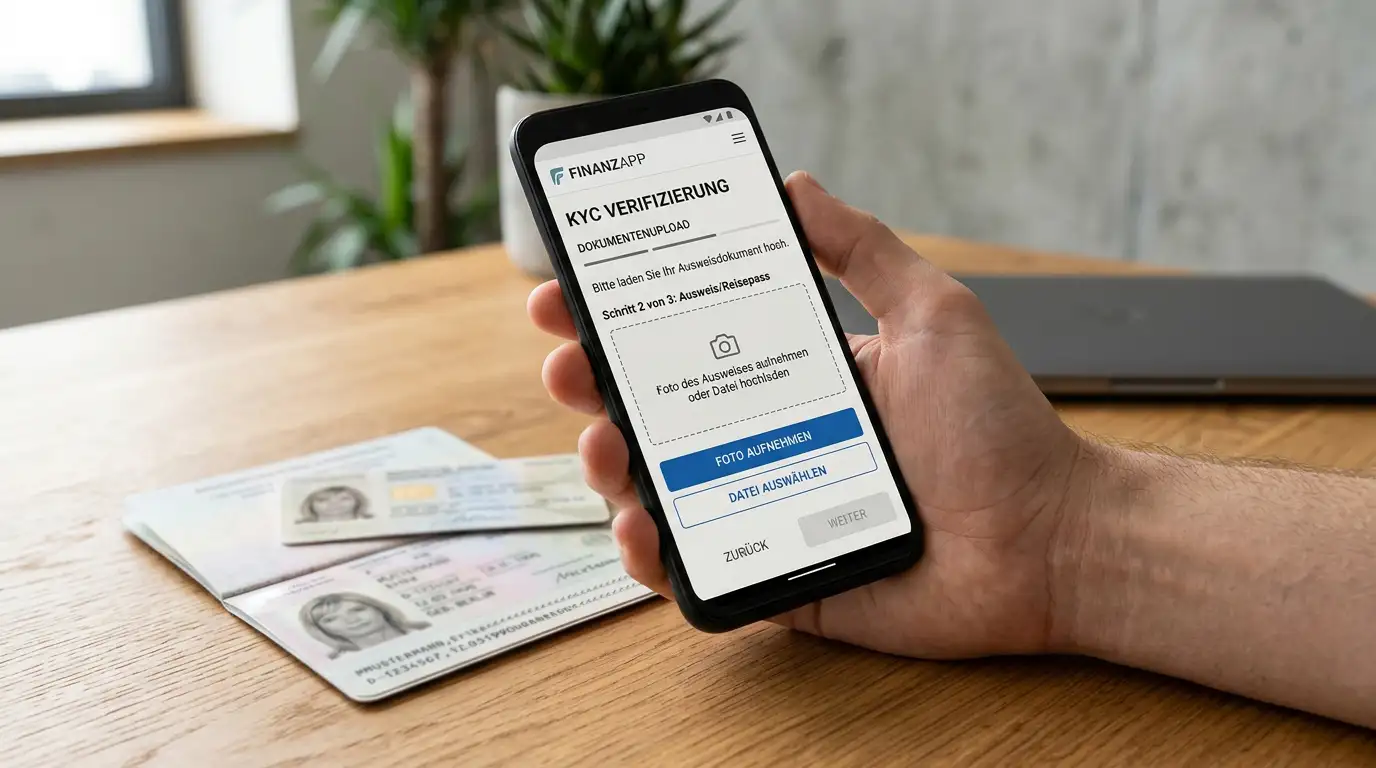 Smartphone zeigt KYC-Verifizierungsprozess mit Ausweisfoto