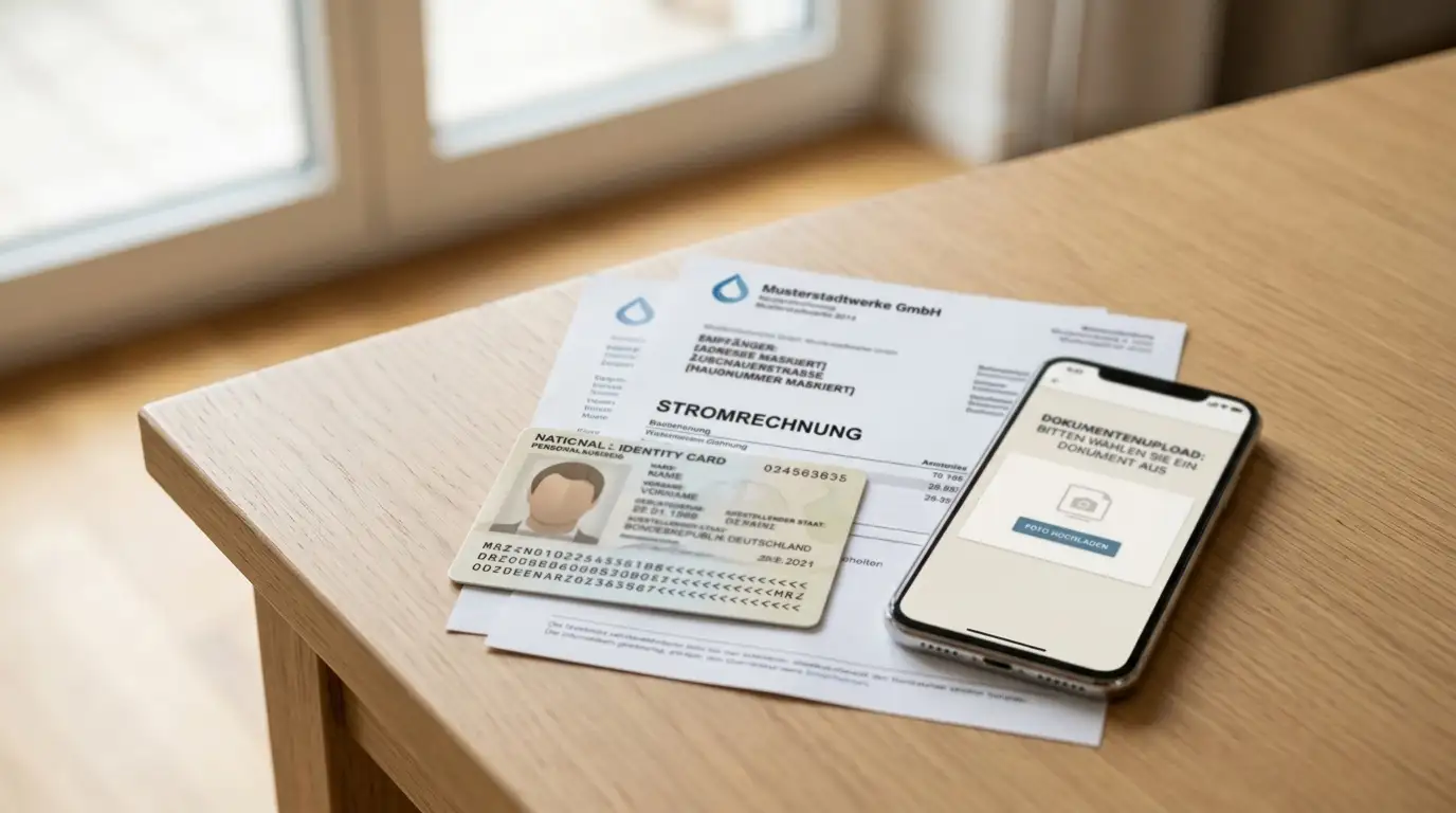 Dokumente für KYC-Verifizierung: Personalausweis und Adressnachweis auf Schreibtisch