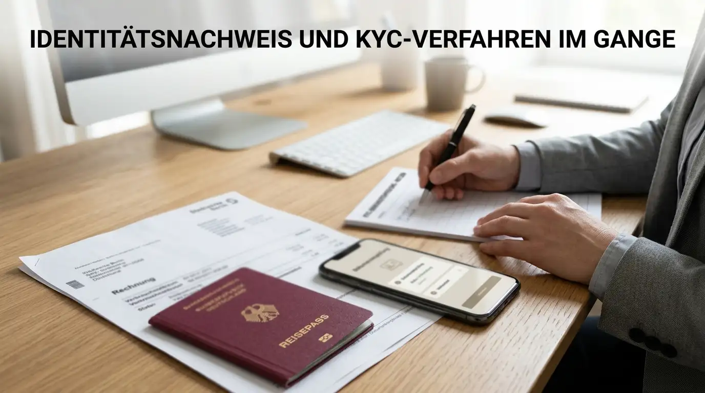 Person an einem Schreibtisch mit Ausweis und Adressnachweis für KYC-Verifizierung