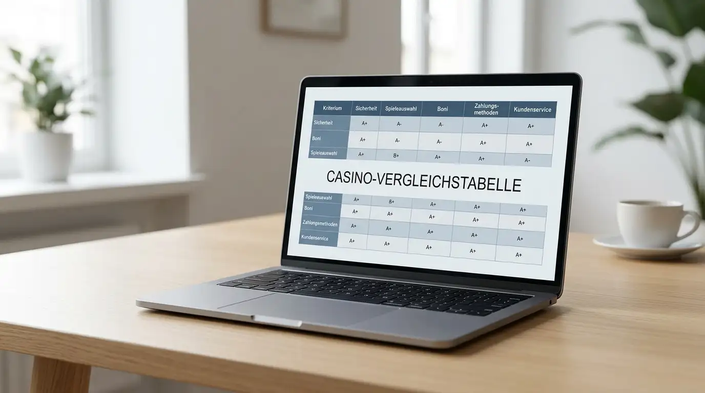 Vergleichstabelle auf Laptop-Bildschirm mit Casino-Logos und Bewertungskriterien