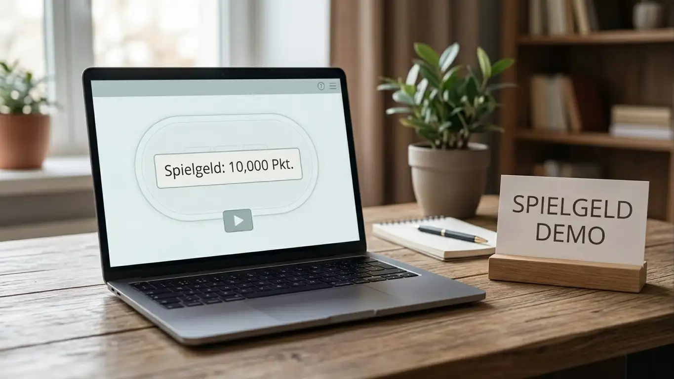 Laptop mit Demo-Modus-Bildschirm und Spielgeld-Anzeige