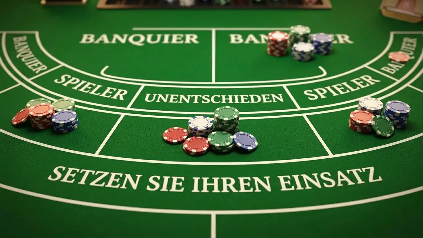 Detailansicht eines Baccarat-Tisches mit Banker- und Player-Feldern, Chips in verschiedenen Werten platziert