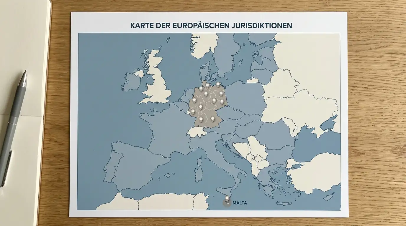 Europakarte mit hervorgehobenen Lizenz-Standorten Malta und Deutschland, neutrale Markierungen ohne Logos