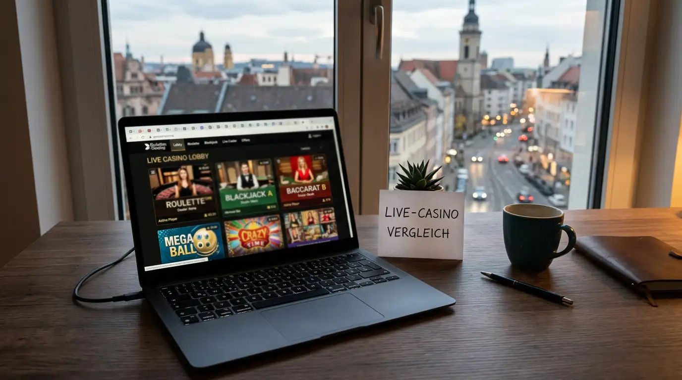 Laptop mit mehreren geöffneten Casino-Tabs und Evolution Gaming Live-Lobby