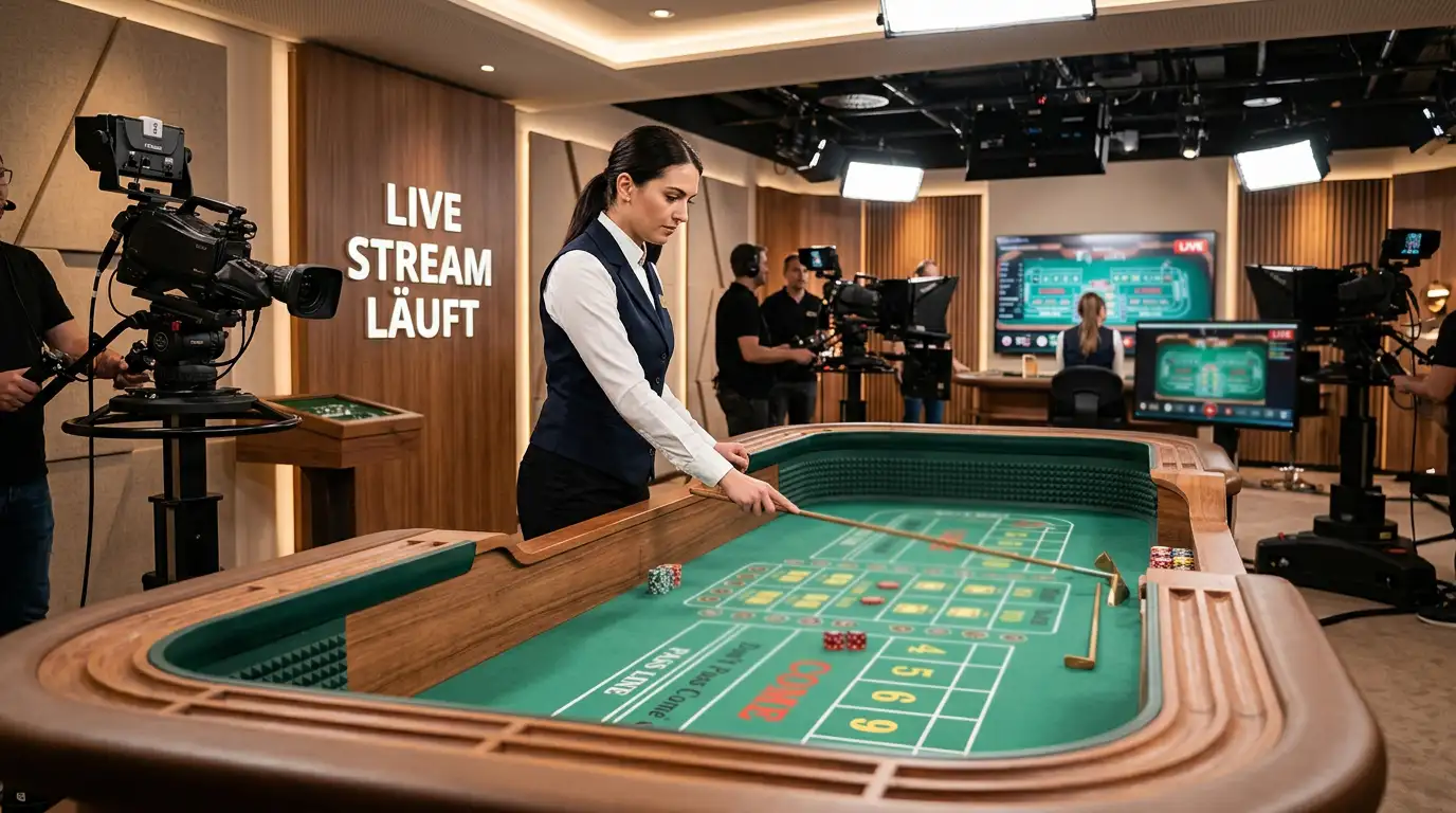 Evolution Live Craps Studio mit Dealer und Craps-Tisch in HD-Übertragung