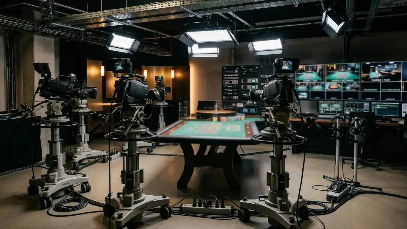 Technisches Setup eines Live-Dealer-Studios mit Kameras und Gaming-Tisch