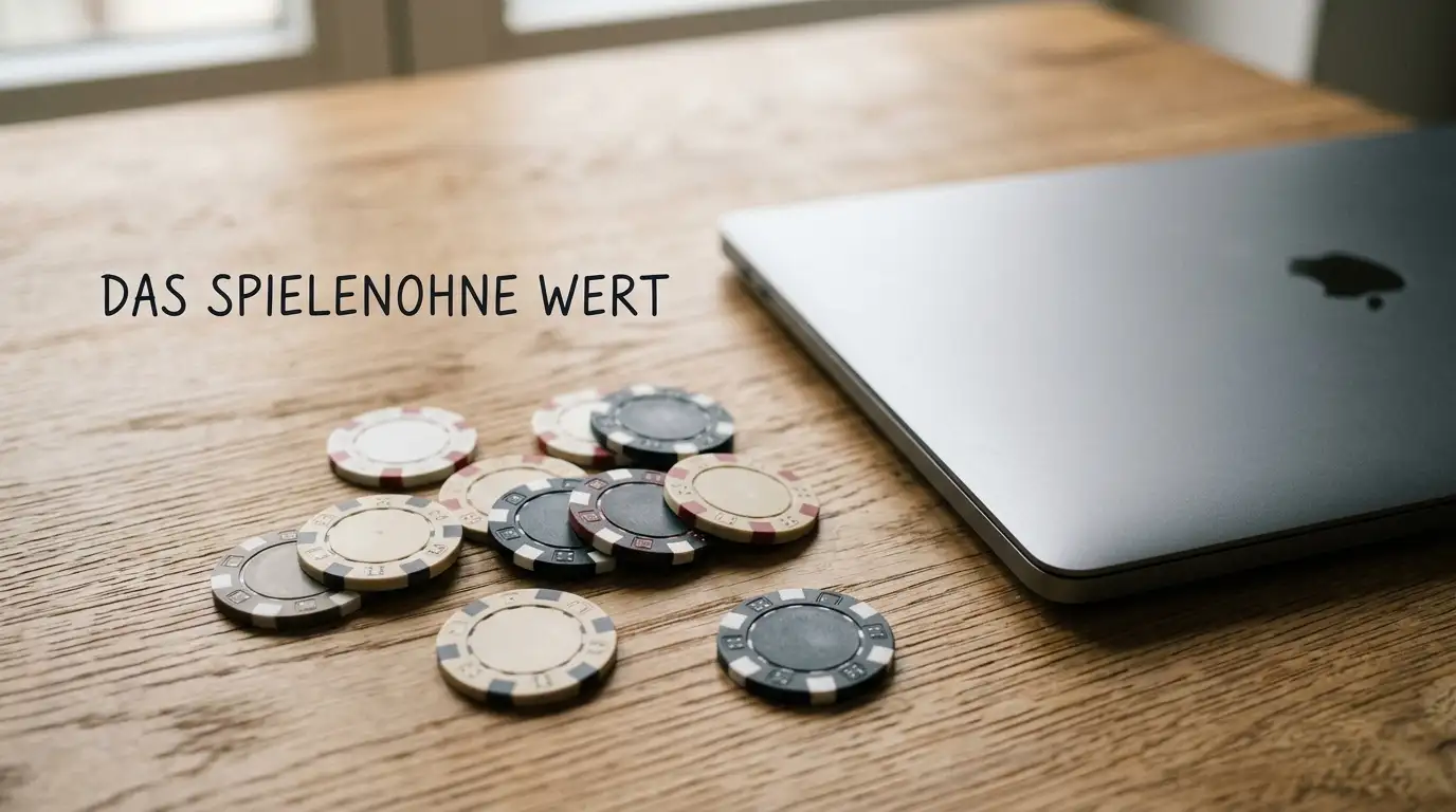 Abstrakte Spielchips ohne Wertangabe auf hellem Tisch neben Laptop