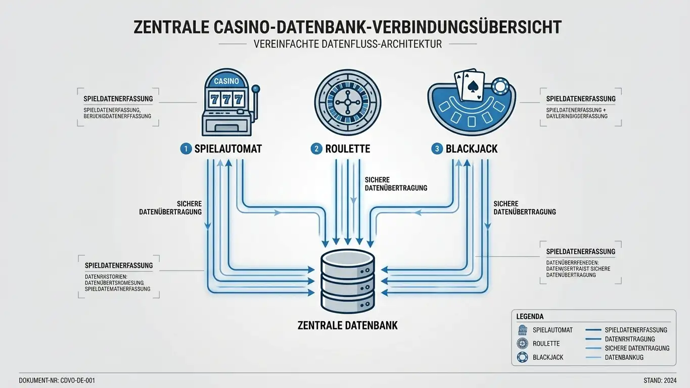 Diagramm zeigt LUGAS-System mit drei Casino-Symbolen verbunden durch Datenleitungen zu zentraler Datenbank