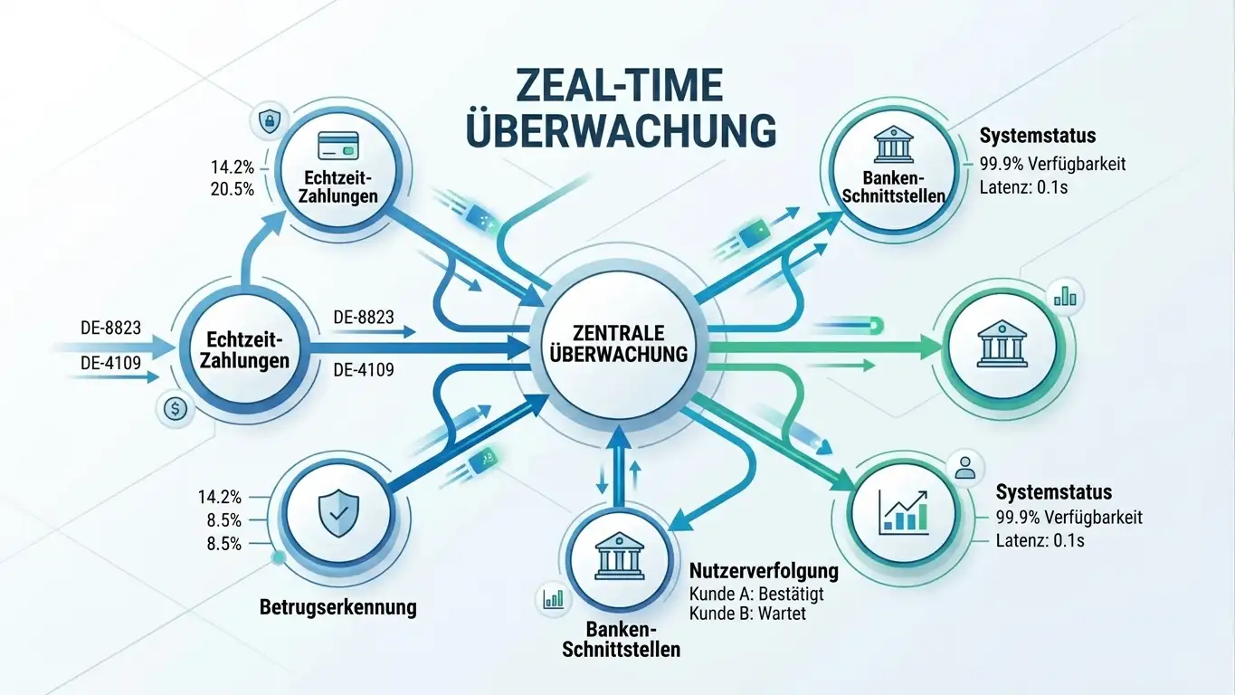Abstraktes Diagramm mit Datenfluss zwischen mehreren Knoten in Echtzeit