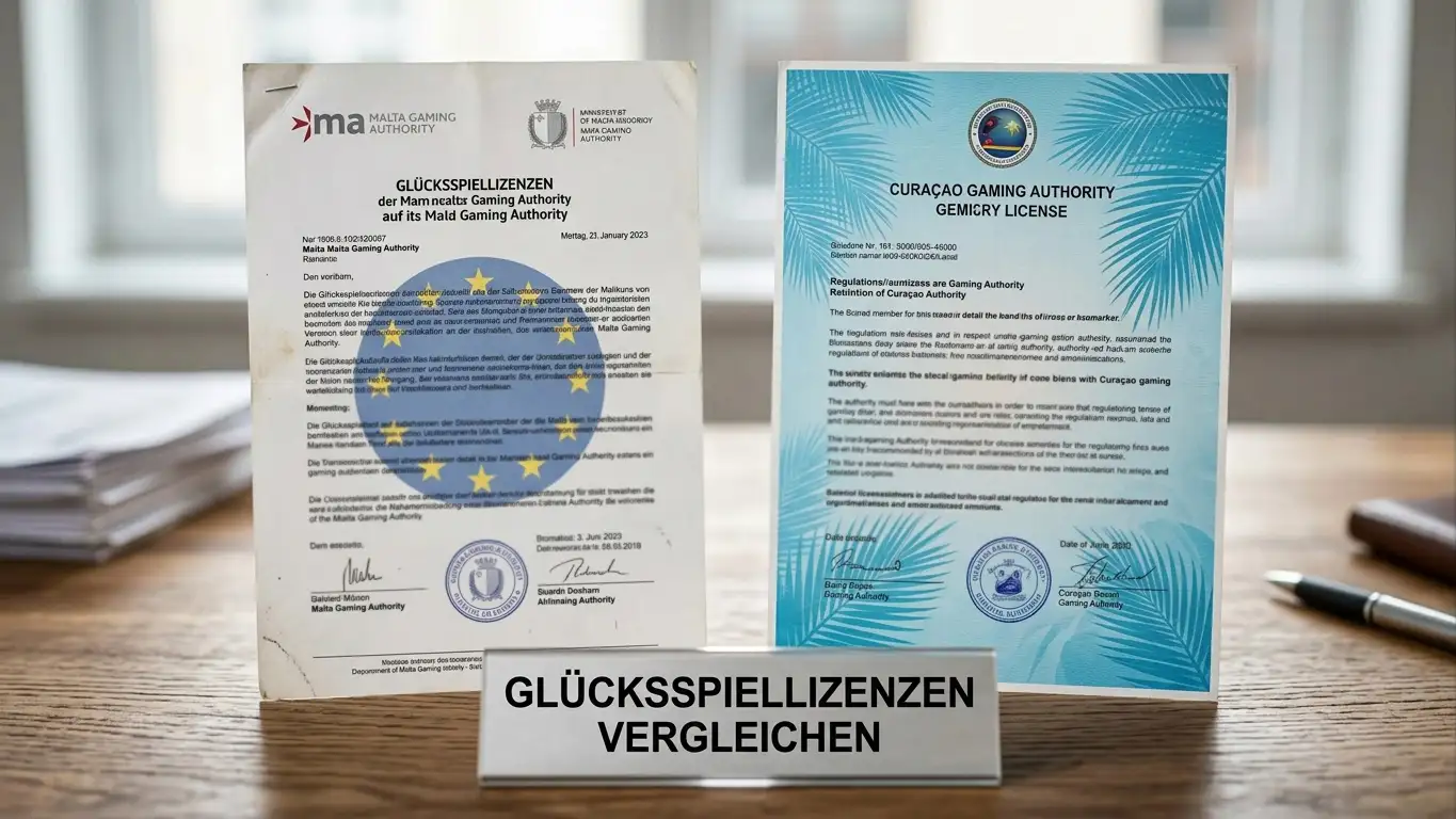 Lizenzdokumente von Malta MGA und Curaçao CGA nebeneinander auf Schreibtisch