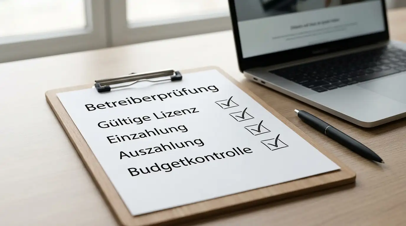 Ordentliches Notizblatt mit Prüfpunkten für Betreiber Zahlung und Auszahlung