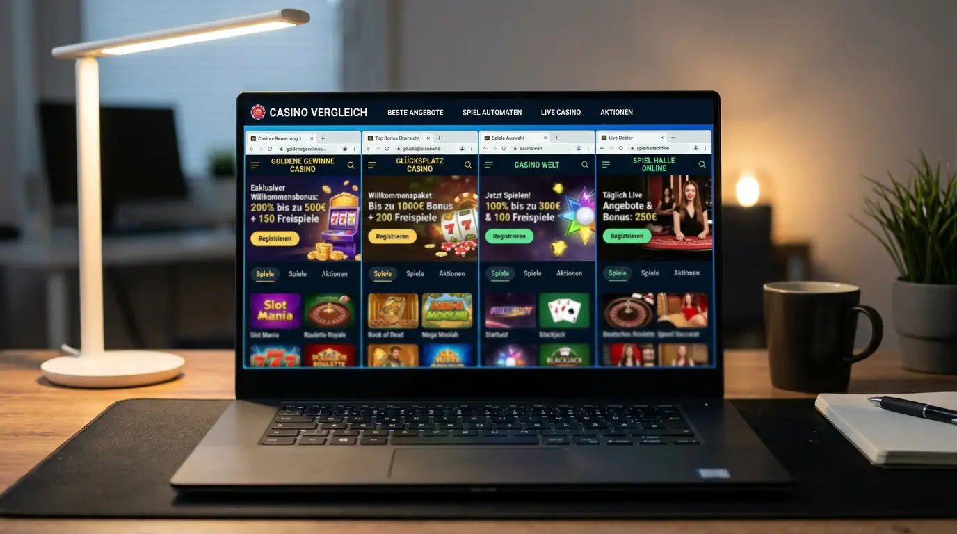 Desktop-Monitor zeigt Casino-Webseite mit verschiedenen Anbieter-Logos