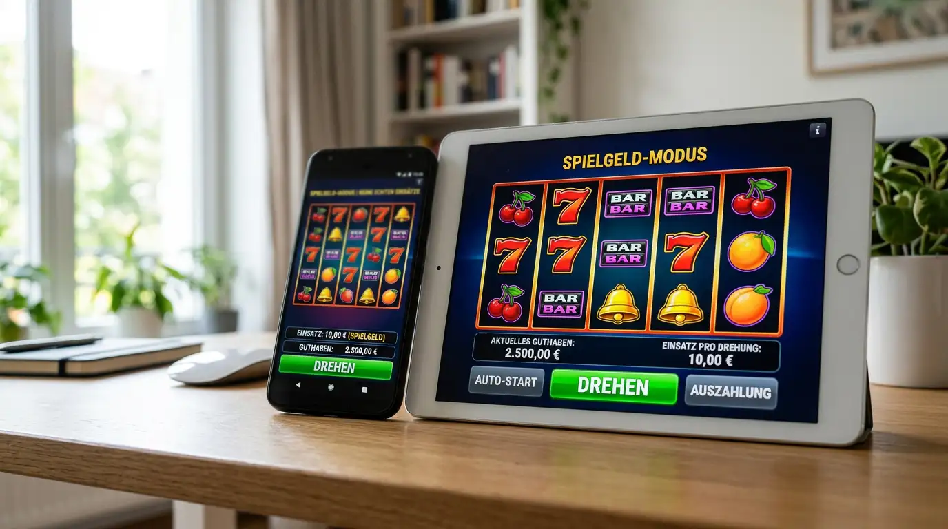 Smartphone und Tablet zeigen Demo-Version eines Slot-Spiels