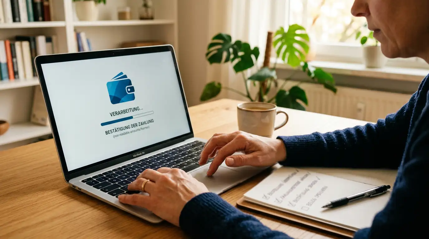Elektronische Geldbörse und Einzahlungsschritte auf einem neutralen Laptop