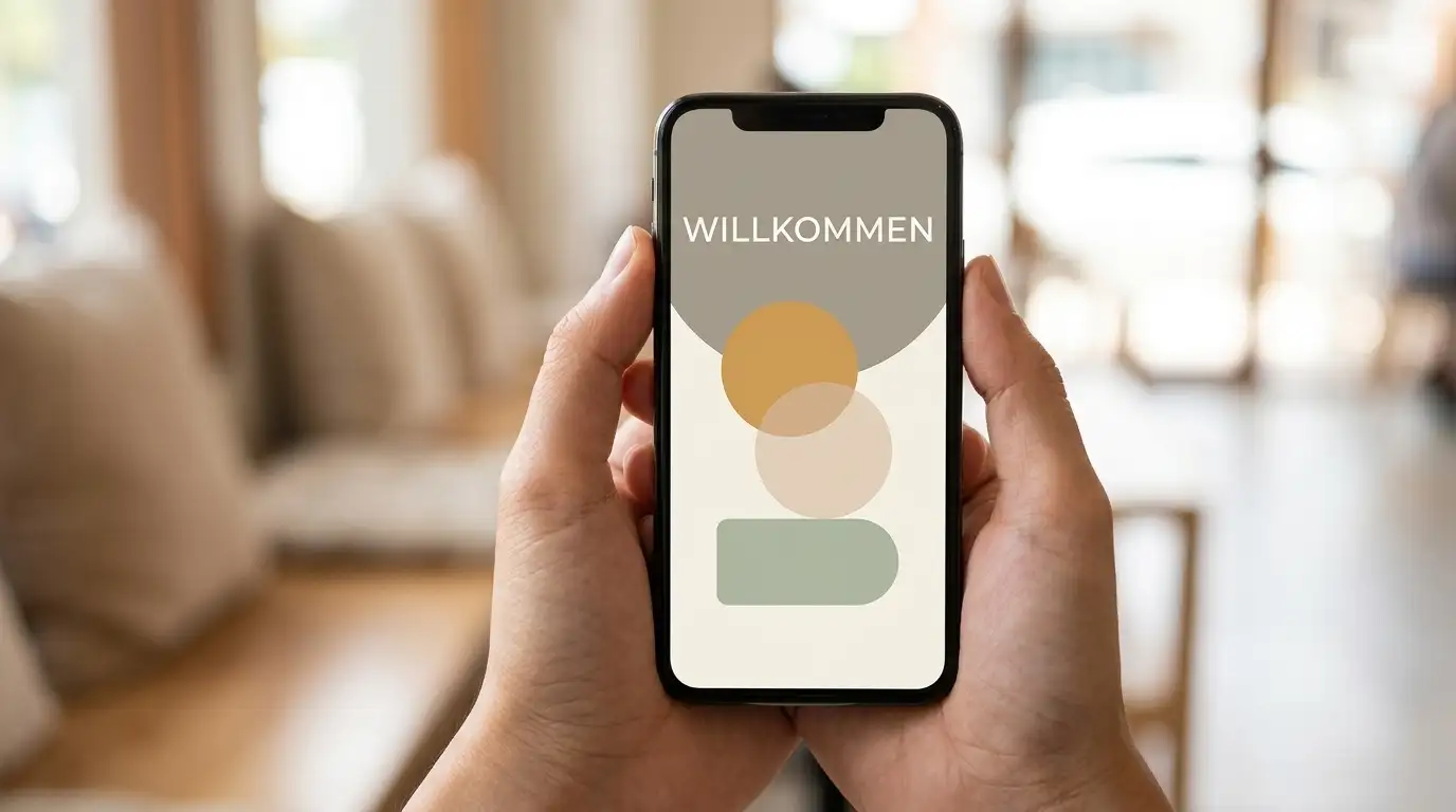 Hand hält ein Smartphone mit neutraler Casino-Oberfläche vor hellem Hintergrund