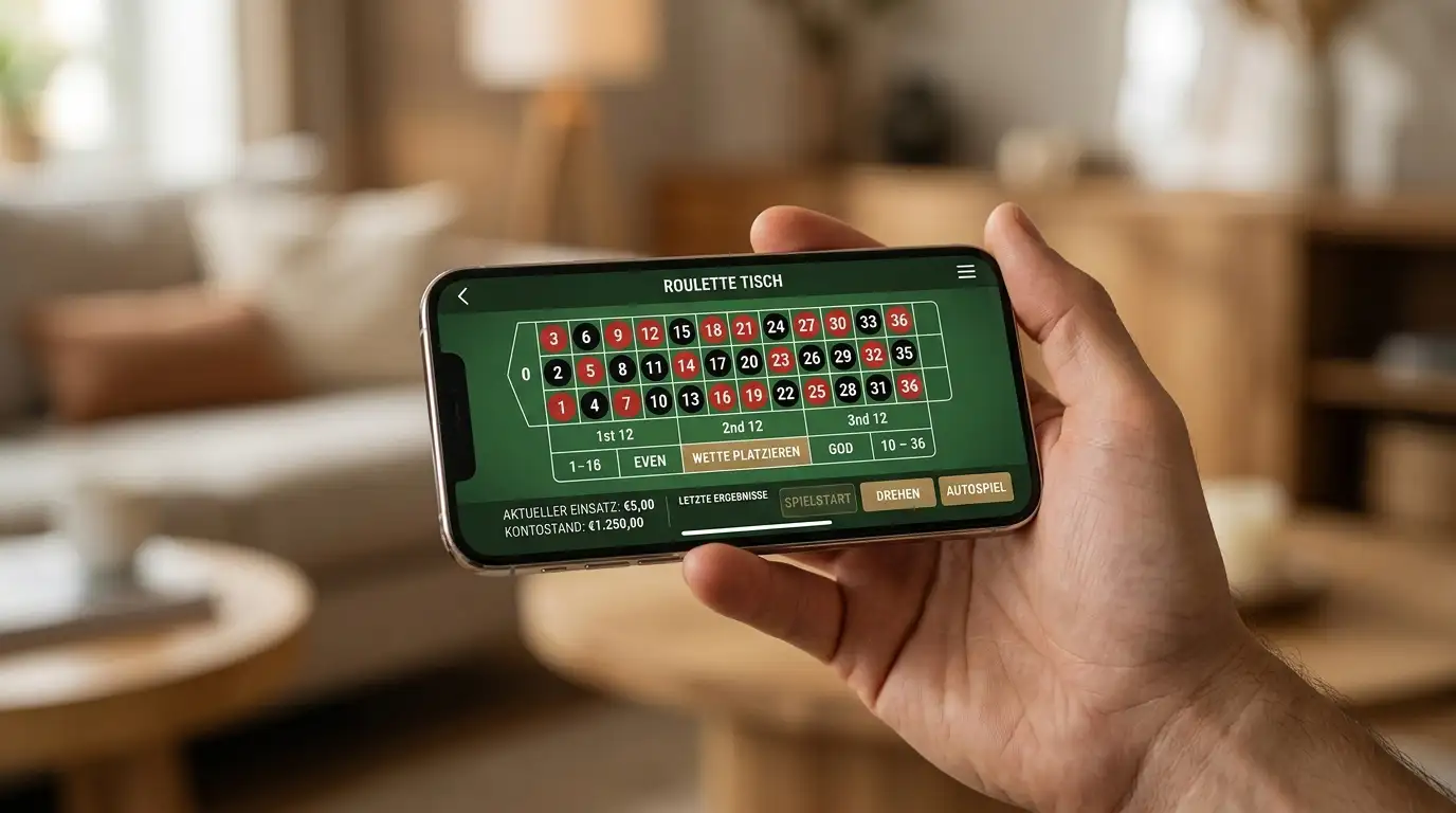 Smartphone mit Casino-App und Live-Roulette-Tisch